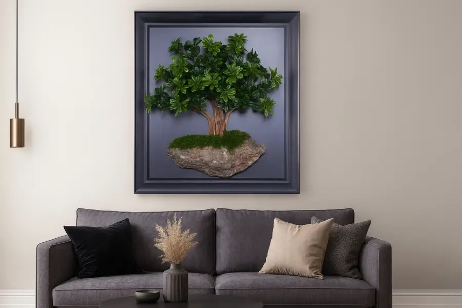 Bu üç boyutlu bonsai tablo, sıradan duvar dekorlarını geride bırakan güçlü bir tasarıma sahip.