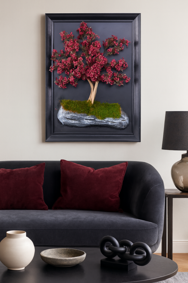 Doğal Ağaç Gövdeli Yapay Bonsai Tablo Dikdörtgen 50 X 70 cm TB-1183