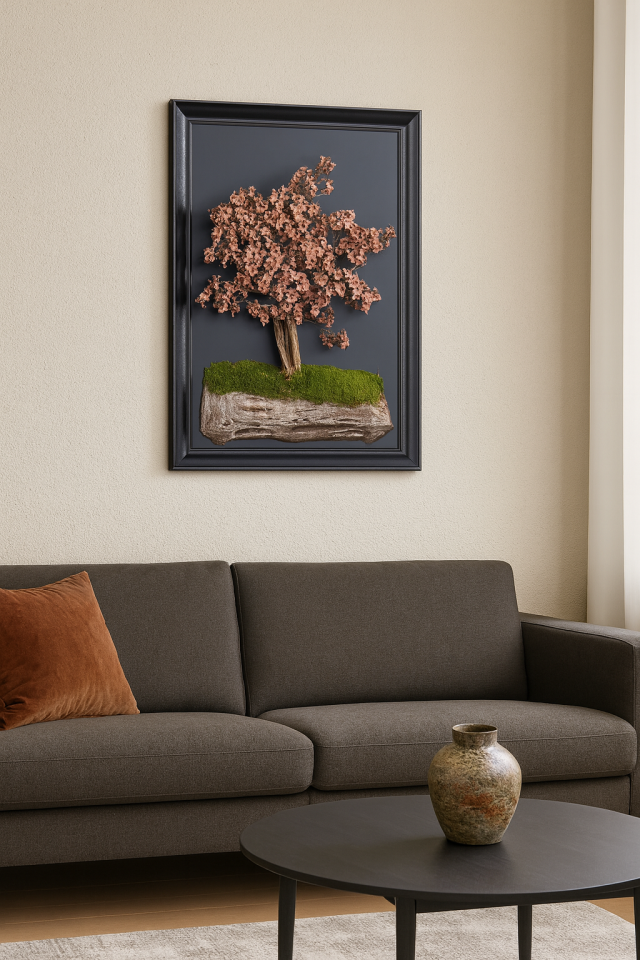 Doğal Ağaç Gövdeli Yapay Bonsai Tablo Dikdörtgen 50 X 70 cm TB-1184