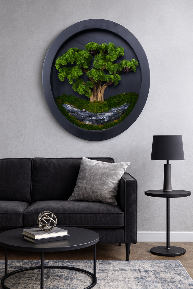 Doğal Ağaç Gövdeli Yapay Bonsai Tablo Daire 80 cm TB-1204