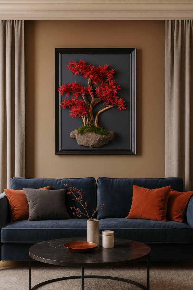 Doğal Ağaç Gövdeli Yapay Bonsai Tablo Dikdörtgen 50 X 70 cm TB-1253