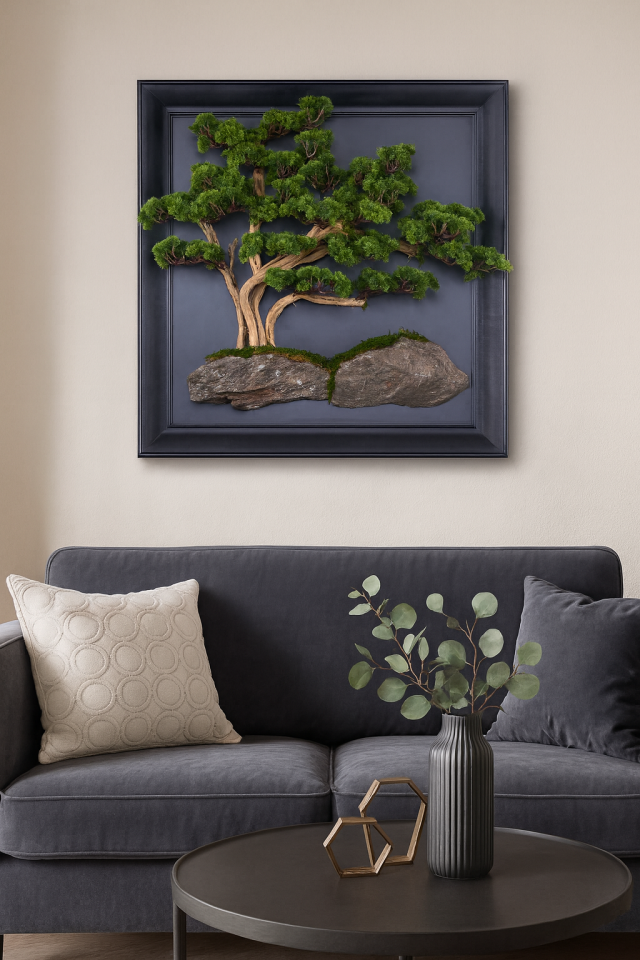 Doğal Ağaç Gövdeli Yapay Bonsai Tablo Kare 90 X 90 cm TB-1263