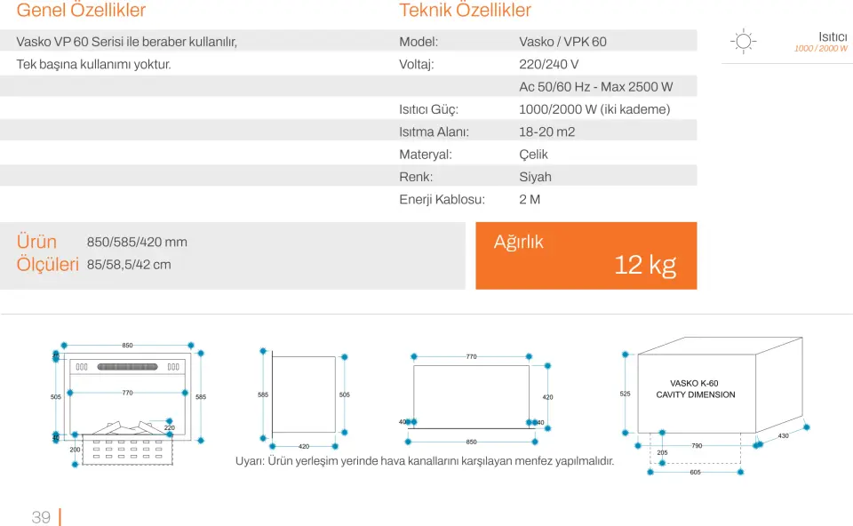 3D Elektrikli Şömine Flameline Vasko Serisi-VPK60 85 cm