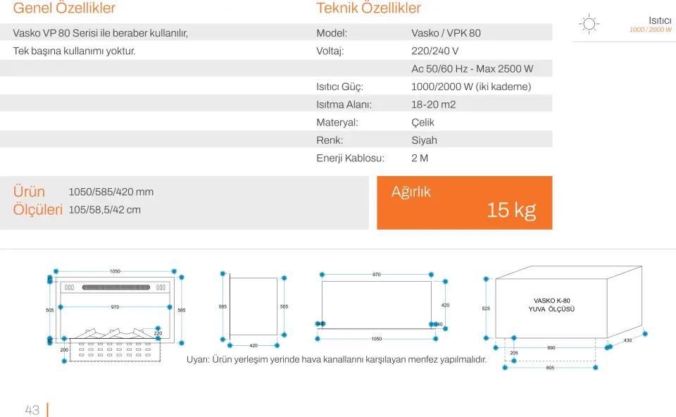 3D Elektrikli Şömine Flameline Vasko Serisi-VPK80 105 cm