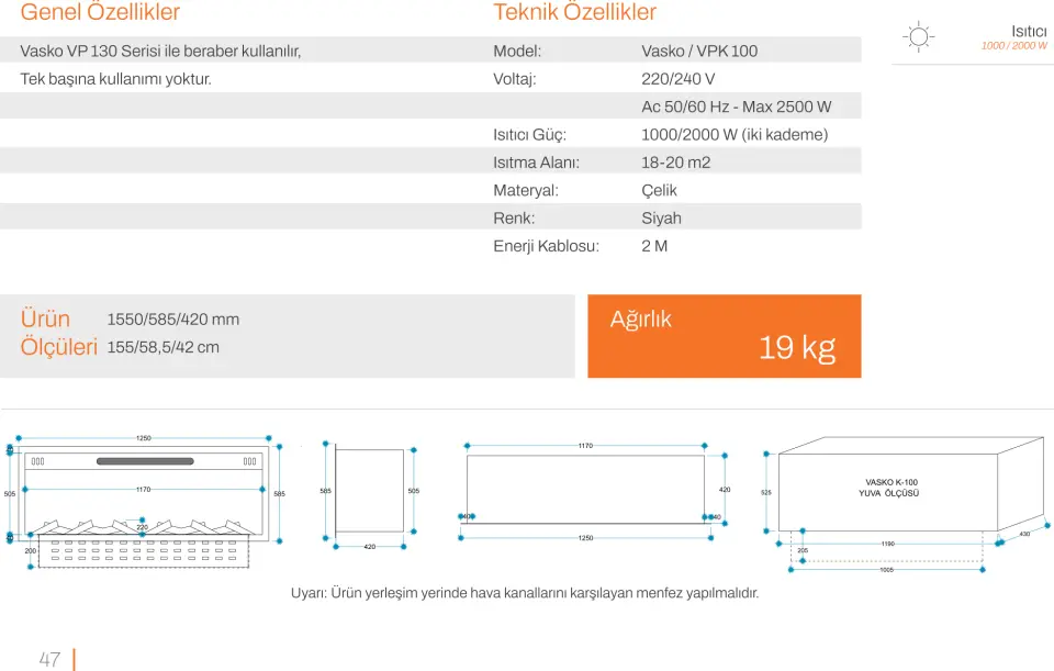 3D Elektrikli Şömine Flameline Vasko Serisi-VPK100 155 cm
