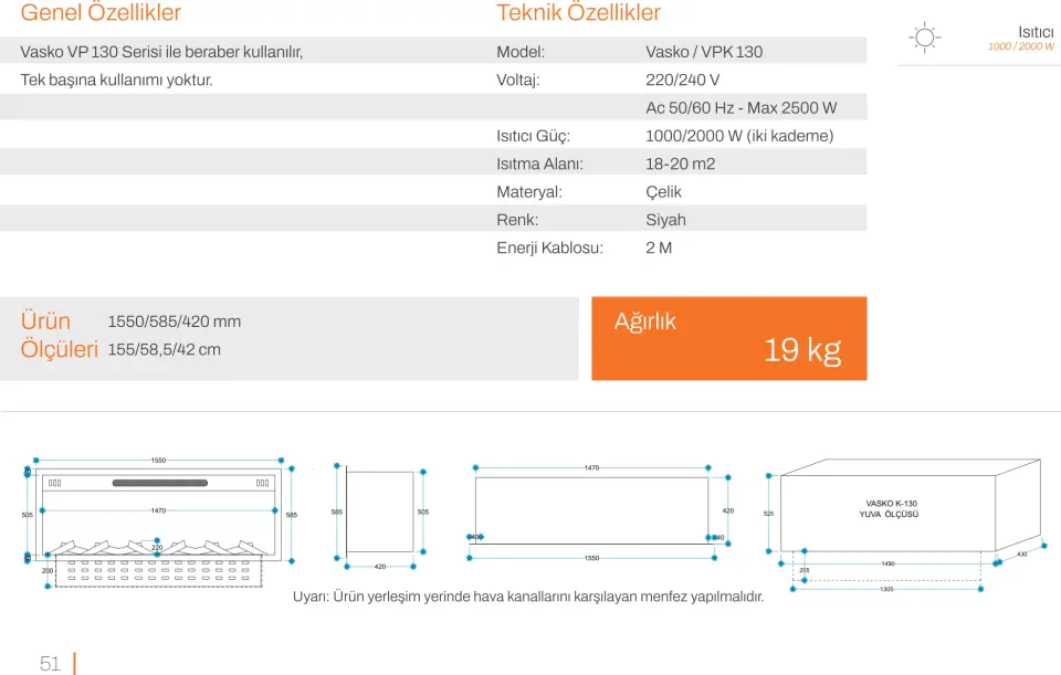 3D Elektrikli Şömine Flameline Vasko Serisi-VPK130 155 cm