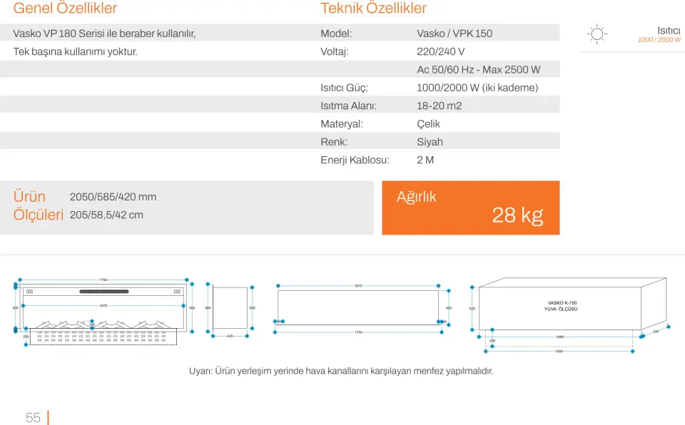 3D Elektrikli Şömine Flameline Vasko Serisi-VPK150 205 cm