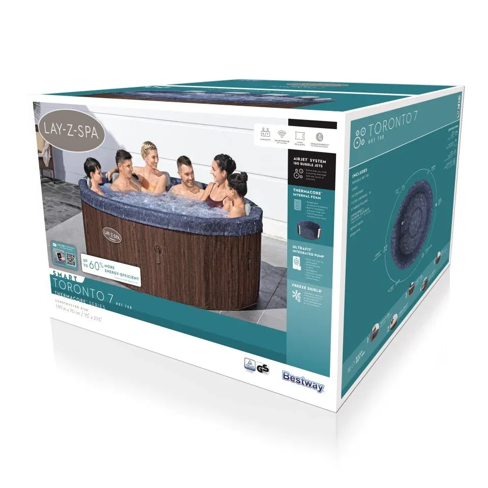 Lay-Z-Spa® Toronto Smart AirJet™ 6001W Enerji Tasarruflu Şişme Spa Havuzu, Mobil Uygulama Kontrollü, 5-7 kişilik 190 X 70 cm