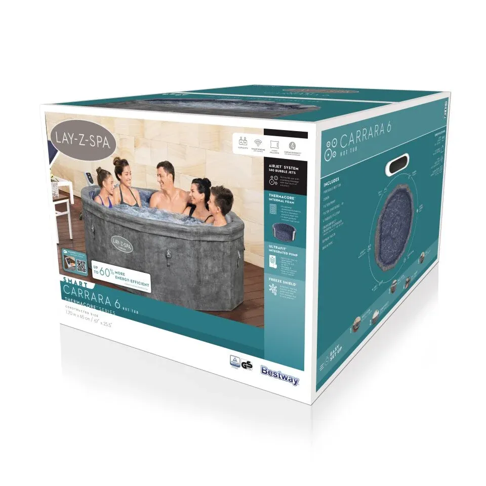 Lay-Z-Spa® Carrara Smart AirJet™ 6001V Enerji Tasarruflu Şişme Spa Havuzu, Mobil Uygulama Kontrollü, 4-6 kişilik 170 X 65 cm