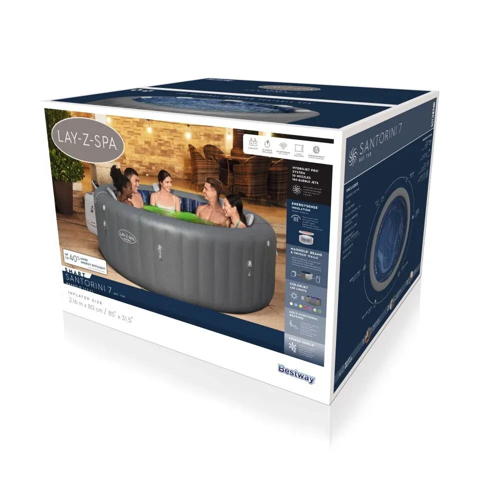 Lay-Z-Spa® 6001T Santorini Smart HydroJet Pro™ Enerji Tasarruflu Şişme Spa Havuzu, Mobil Uygulama Kontrollü, 5-7 kişilik 216 X 80 cm