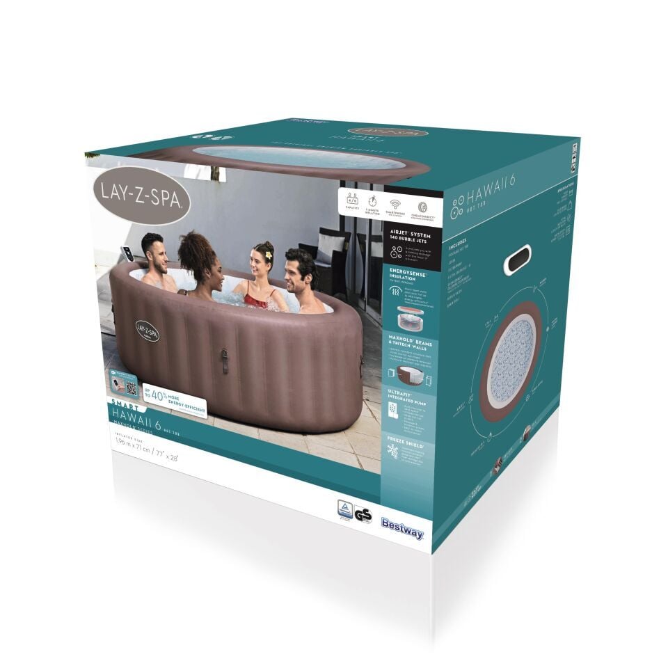 Lay-Z-Spa® 6001G  Hawaii Smart AirJet™ Enerji Tasarruflu Şişme Spa Havuzu, Mobil Uygulama Kontrollü, 4-6 kişilik 196 X 71 cm