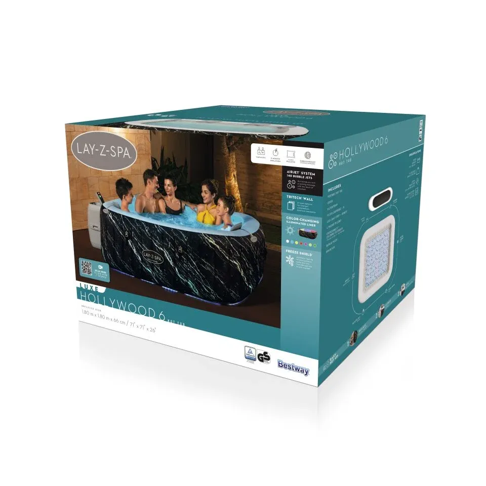 Lay-Z-Spa® 6001F Hollywood Energy-Efficient Luxe AirJet™ Şişme Spa Havuzu, LED ışıklı, 4-6 kişilik 180 X 180 X 66 cm