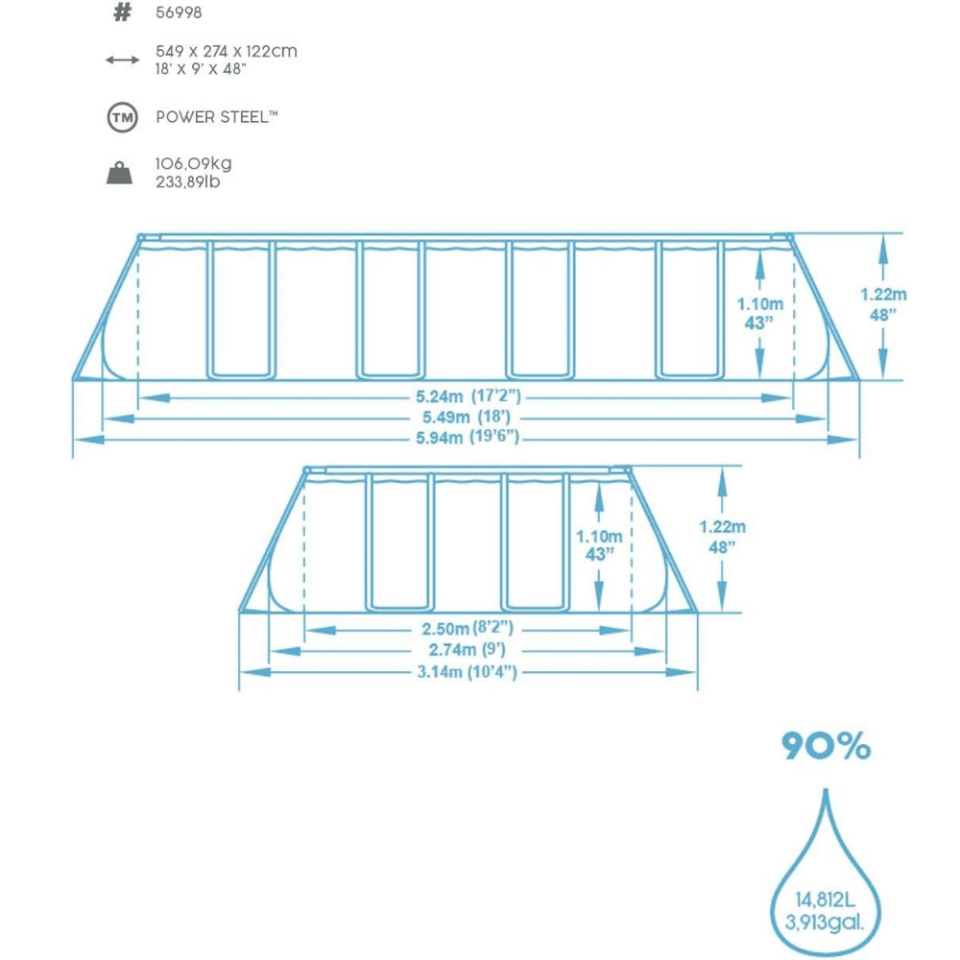 Bestway® 56998 Power Steel™ Prefabrik Yerüstü Havuz 5,49 m x 2,74 m x 1,22 m