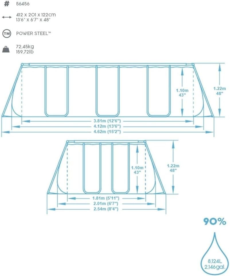 Bestway® 56456 Power Steel™ Prefabrik Yer Üstü Havuz Seti 4,12 m x 2,01 m x 1,22 m